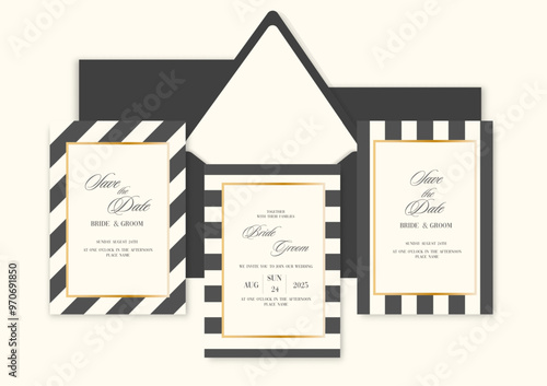 Elegant Black And White Stripe Gold Border Wedding Invitation template.