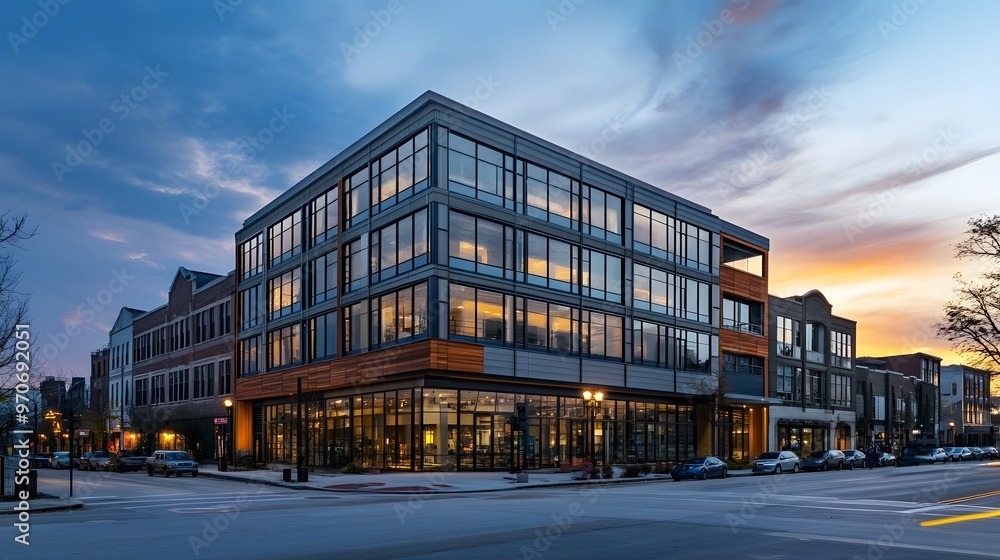 Modern Glass Building on City Street at Dusk Modern Glass Building on City Street at Dusk