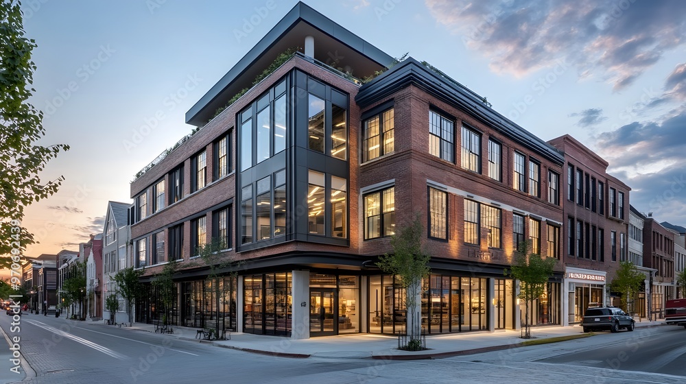 Modern Brick Building with Large Windows on a City Street at Dusk Modern Brick Building with Large Windows on a City Street at Dusk