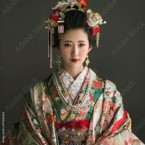 A Japan bride with their traditional dresses and jewelries .