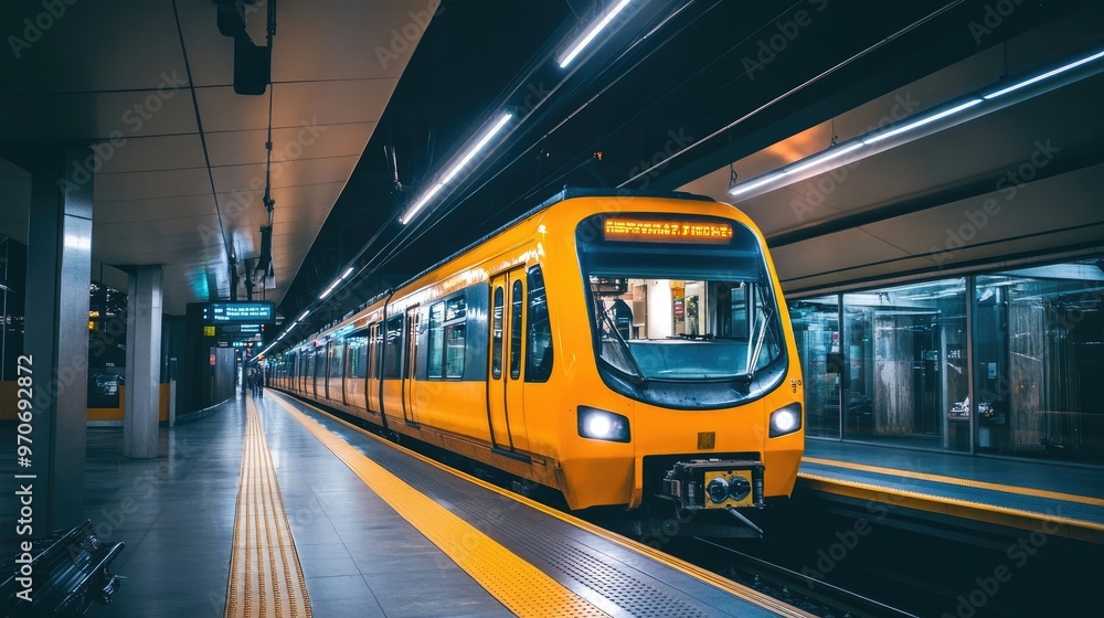 Vibrant Yellow Train at a Polished Station Platform Under Bright, Shining Lights Vibrant Yellow Train at a Polished Station Platform Under Bright, Shining Lights