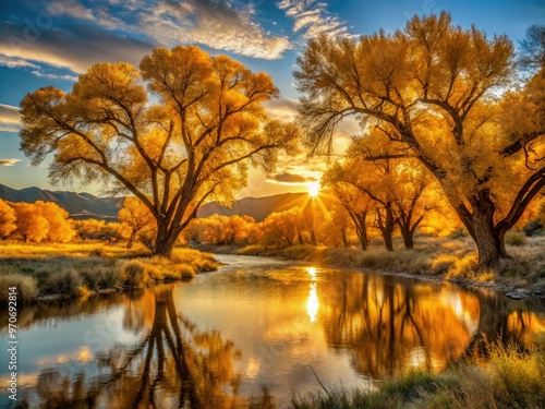 warm sunrise backlighting on rustling cottonwood trees in golden light of Rio Grande River with soft focus and serene tranquil atmosphere