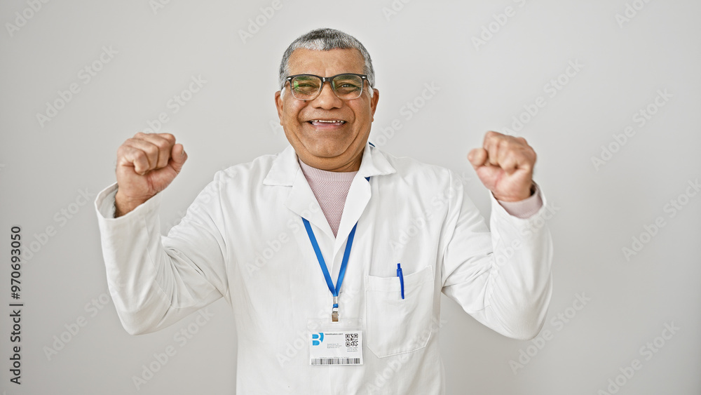 A cheerful middle-aged man in a lab coat celebrates success against a white isolated background. A cheerful middle-aged man in a lab coat celebrates success against a white isolated background.
