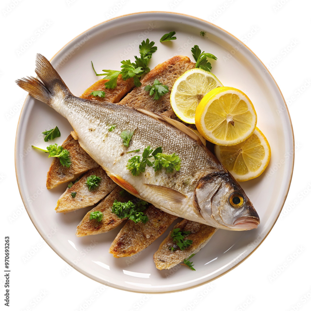 A dish of fish hard bread top view isolated on transparent background.