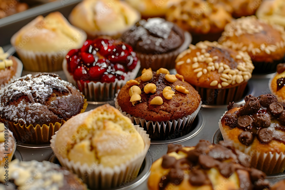 Delicious Photo of Freshly Baked Muffins with Various Toppings Delicious Photo of Freshly Baked Muffins with Various Toppings