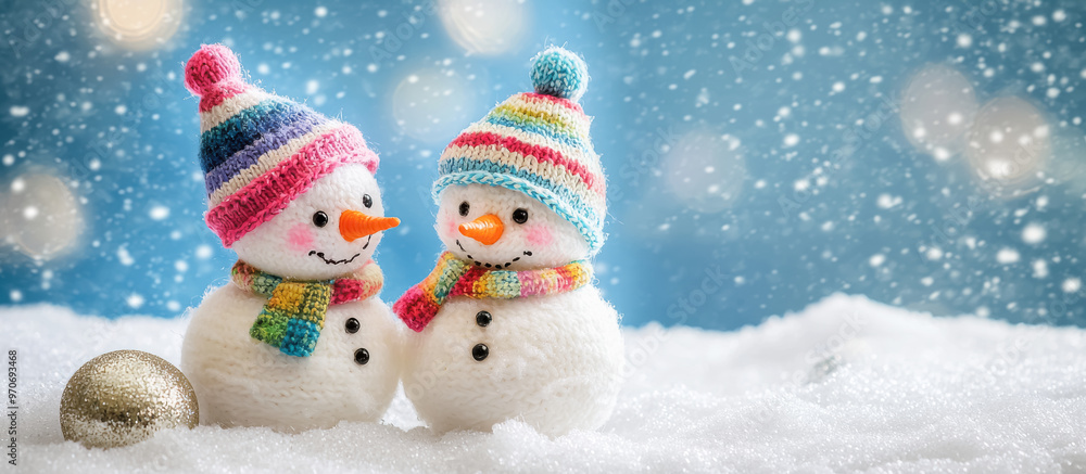 Festive Snowmen in Bright Hats and Scarves Enjoying the Winter. A playful pair of snowmen, bundled up in colorful winter attire, having fun together in a snow-covered setting with a calm winter vibe.
Festive Snowmen in Bright Hats and Scarves Enjoying the Winter. A playful pair of snowmen, bundled up in colorful winter attire, having fun together in a snow-covered setting with a calm winter vibe.