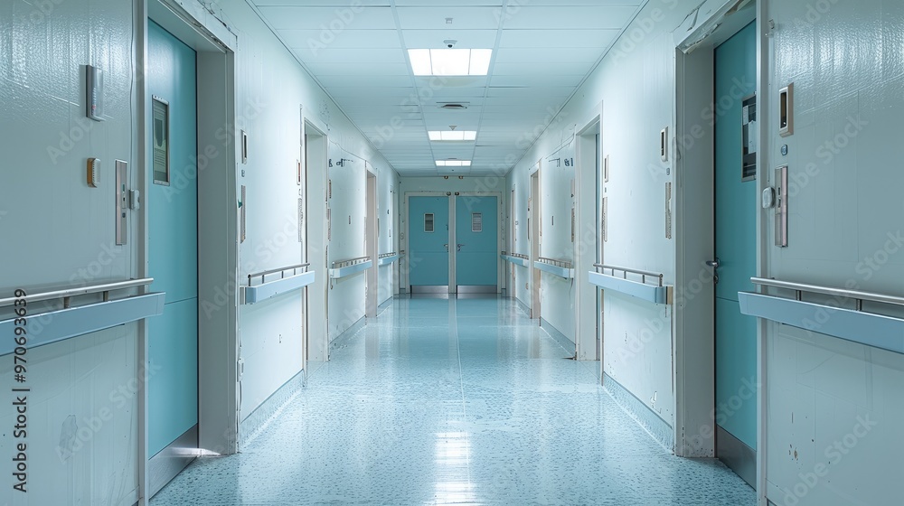 Doors in hospital hall. Generative AI. Doors in hospital hall. Generative AI.