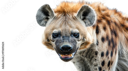 Closeup head shot of angry hyena face isolated on white background