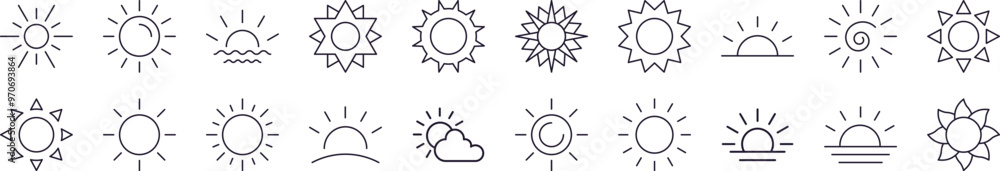 Sun Thin Line Icon Set. Editable Stroke. Suitable for Banners, Cards, Social Networks, Apps Sun Thin Line Icon Set. Editable Stroke. Suitable for Banners, Cards, Social Networks, Apps