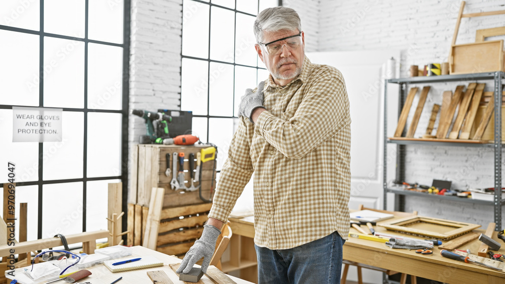 Mature man feeling shoulder pain in a carpentry workshop with tools and woodwork. Mature man feeling shoulder pain in a carpentry workshop with tools and woodwork.