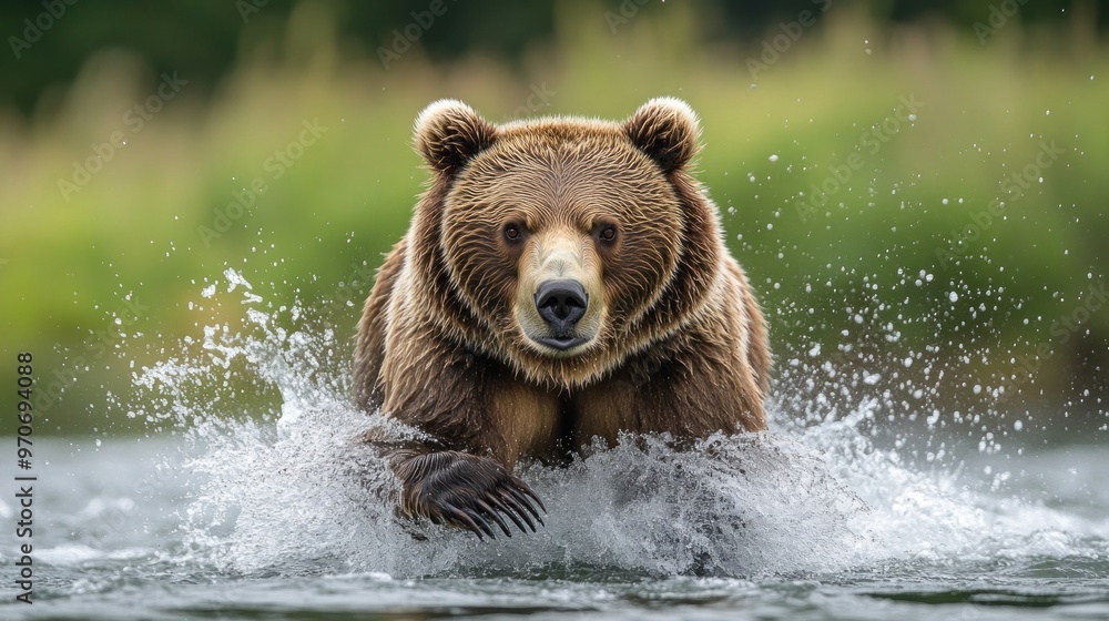 A bear splashes through water, showcasing its strength and agility. A bear splashes through water, showcasing its strength and agility.