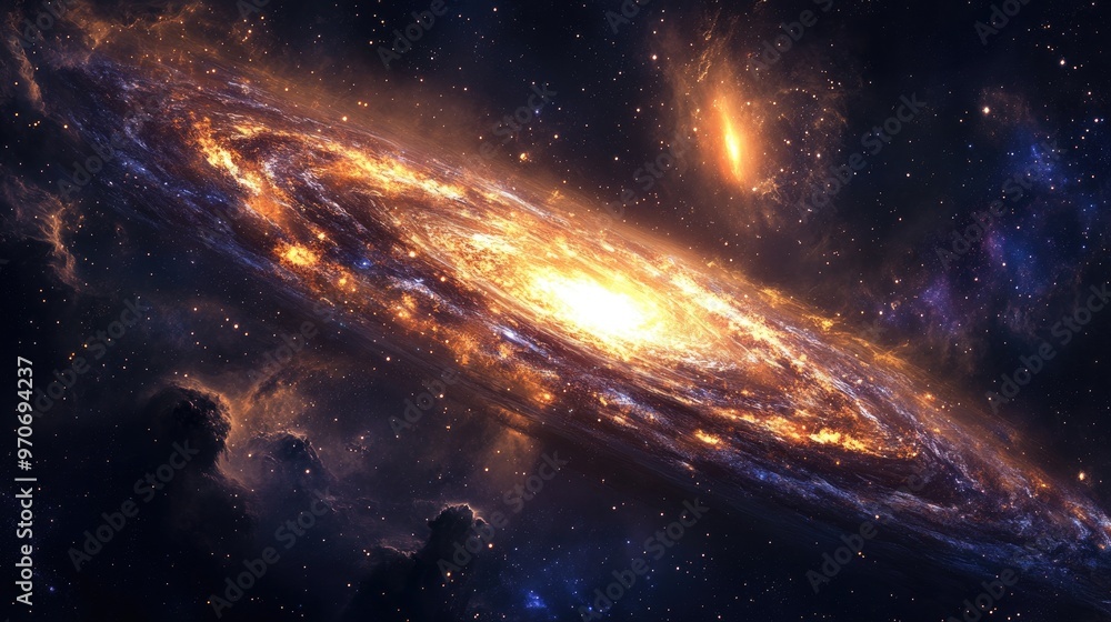 Fototapeta premium A stunning image of a spiral galaxy with a bright core and swirling arms. The galaxy is surrounded by a field of stars and nebulae.