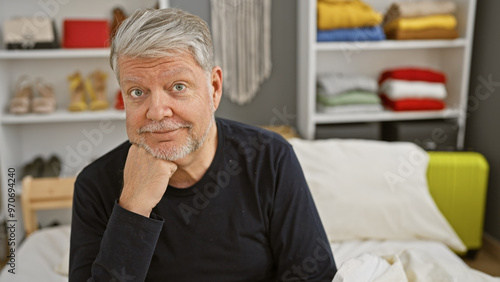 Canvastavla A contemplative mature man with gray hair sitting on a bed in a cozy bedroom, exuding casual comfort