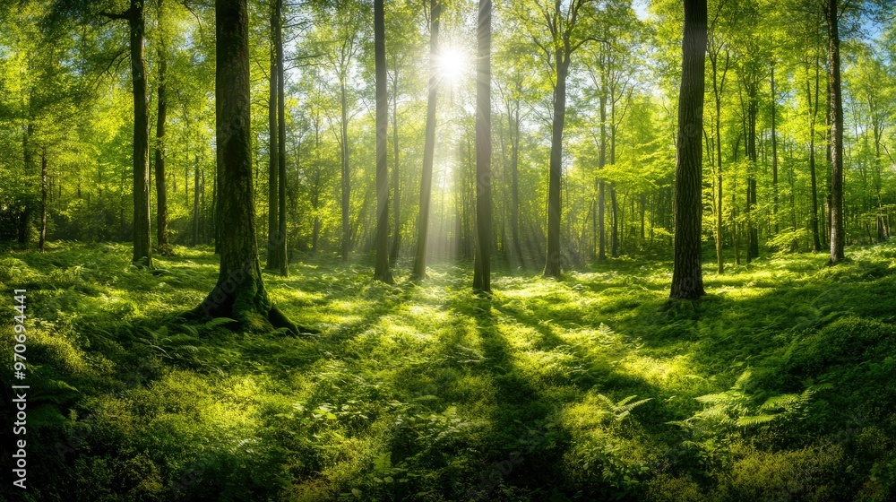 Lush green forest with sunlight streaming through the trees, symbolizing eco-friendly practices. Copy space Lush green forest with sunlight streaming through the trees, symbolizing eco-friendly practices. Copy space