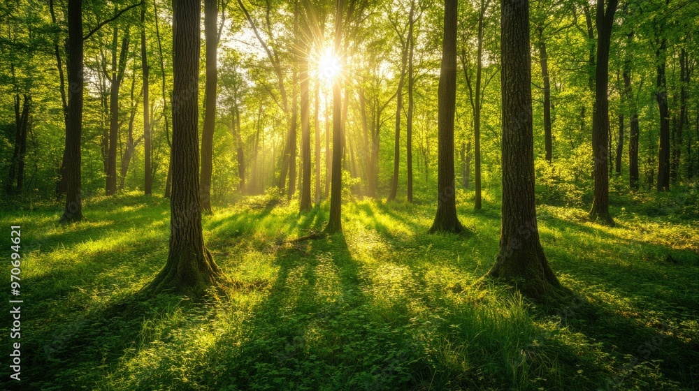 Naklejka premium Lush green forest with sunlight streaming through the trees, symbolizing eco-friendly practices. Copy space