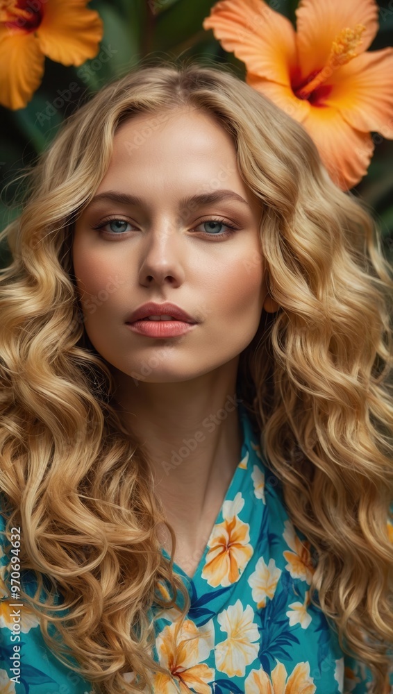 Fototapeta premium A woman with long blonde hair is wearing a blue floral dress