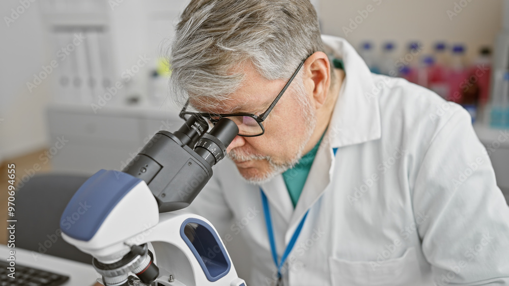 Mature man scientist using microscope in laboratory Mature man scientist using microscope in laboratory