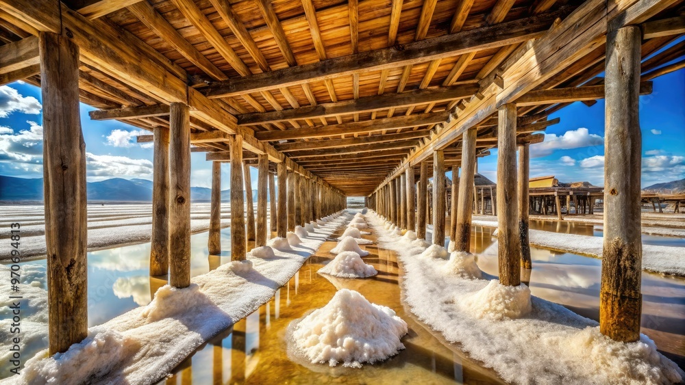 Fototapeta premium Ancient wooden infrastructure amidst gleaming white salt