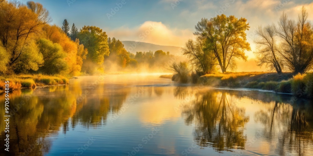custom made wallpaper toronto digitalYakima River calm peaceful morning mist foggy tranquil reflective water scenic riverbank trees misty foggy serene soft warm golden light subtle nature escape