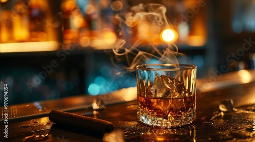 Whiskey or cognac on the rocks paired with a smoking cigar on the bar counter.