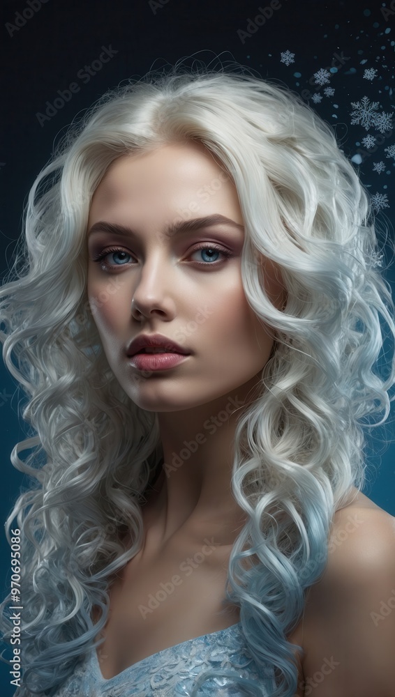Fototapeta premium A woman with blonde hair and blue eyes is standing in the snow