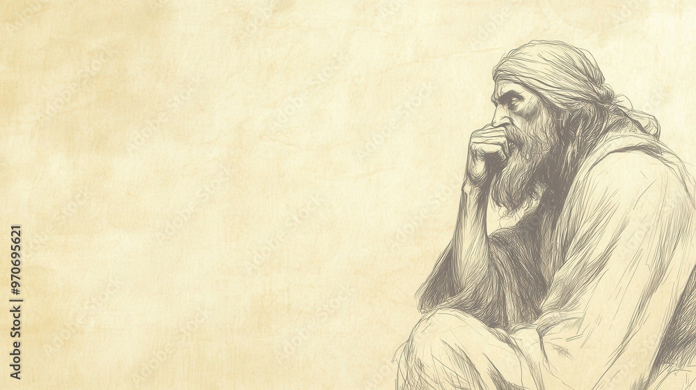 Fototapeta premium Biblical Illustration of 1 Kings: Solomon Alone, Contemplating His Life with Sorrow and Remorse, Bible Wall Art with Beige Background for Spiritual Reflection