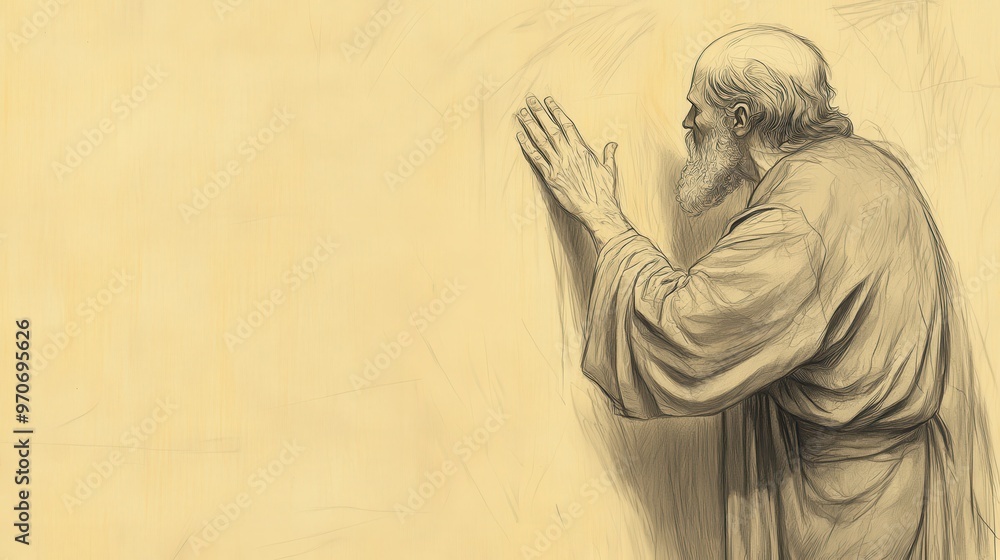 Fototapeta premium Biblical Illustration of Hezekiah Praying Earnestly to the Lord, Asking for Mercy and Remembrance, Bible Wall Art, Beige Background