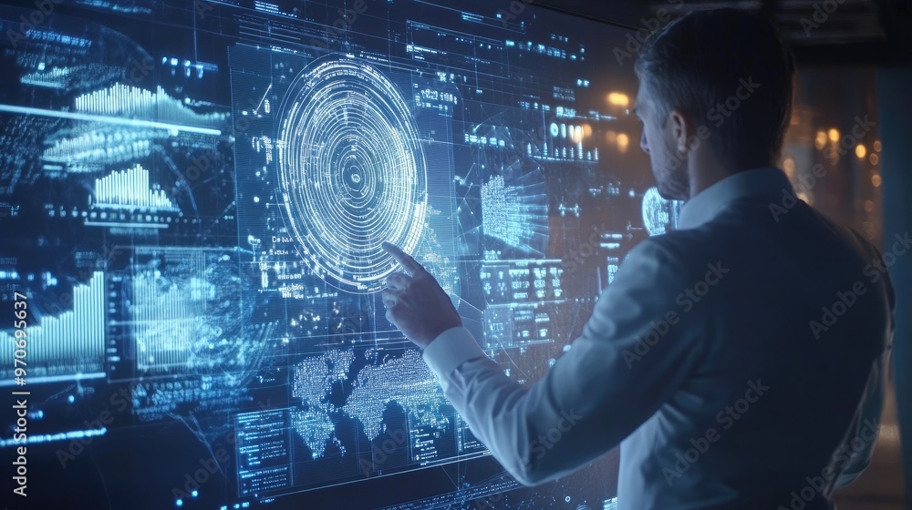 A businessman interacts with a large digital interface displaying various data visualizations, graphs, and charts. A businessman interacts with a large digital interface displaying various data visualizations, graphs, and charts.