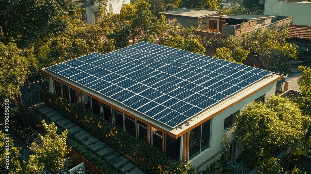 Solar panel installation on a house rooftop in a green suburb, emphasizing sustainable living. Solar panel installation on a house rooftop in a green suburb, emphasizing sustainable living.