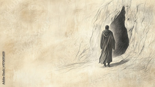 Biblical Illustration of Elijah Flees from Jezebel: Elijah Arriving at a Cave on Mount Horeb, Seeking Refuge and Solitude, Beige Background photo