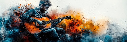 Passionate Guitarist with Abstract Watercolor Background