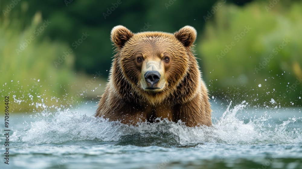 A bear swimming through water, surrounded by lush greenery. A bear swimming through water, surrounded by lush greenery.