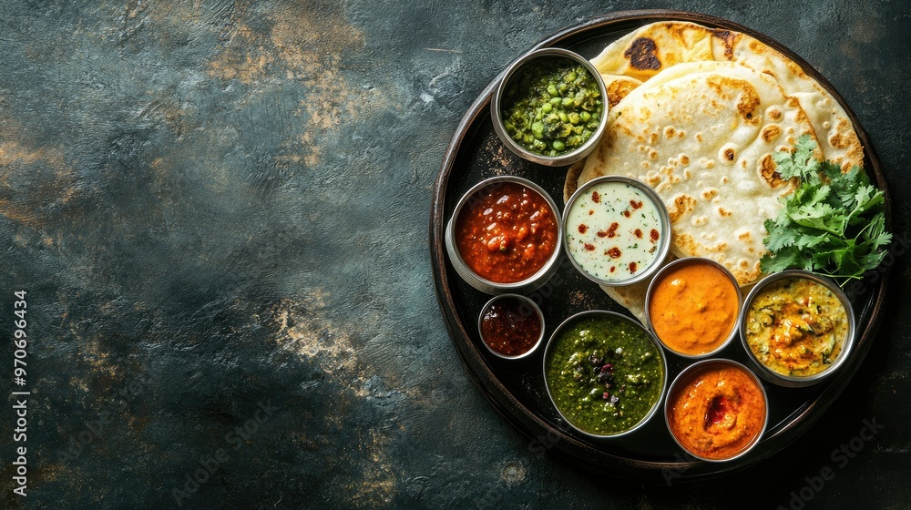 South Indian breakfast: savory uthappam with mixed vegetables, accompanied by chutneys and sambar. Top view with space. South Indian breakfast: savory uthappam with mixed vegetables, accompanied by chutneys and sambar. Top view with space.