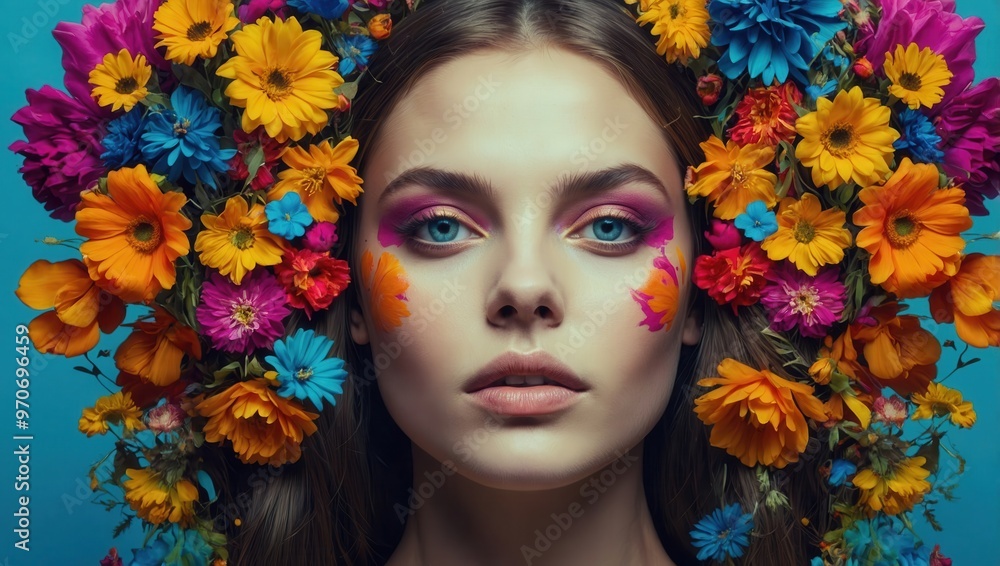 A woman with a flower crown on her head with floral tattoo's on her face A woman with a flower crown on her head with floral tattoo's on her face