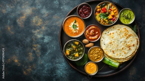 South Indian breakfast: savory uthappam with mixed vegetables, accompanied by chutneys and sambar. Top view with space.