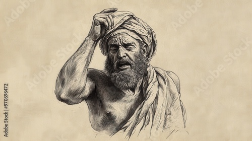 The Reforms of Josiah: Tearing His Clothes in Grief Upon Hearing the Book of the Law, 2 Kings Biblical Illustration, Bible Wall Art, Beige Background