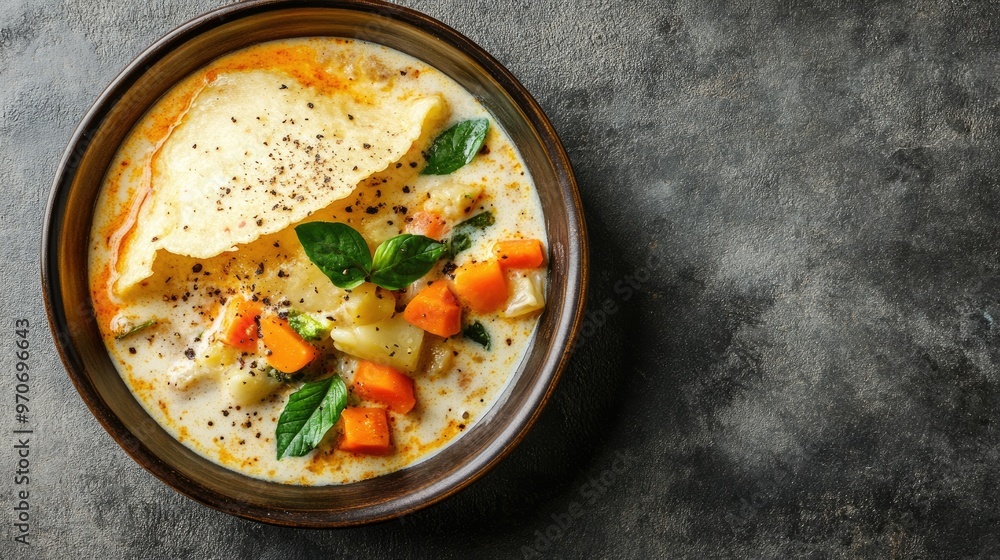 Sri Lankan breakfast: appam (hoppers) with vegetable curry and coconut milk. Top view with ample room for text. Sri Lankan breakfast: appam (hoppers) with vegetable curry and coconut milk. Top view with ample room for text.