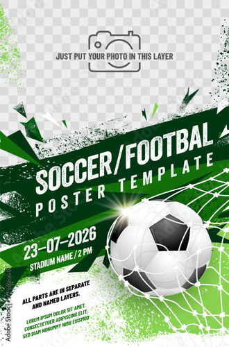 Soccer or football tournament poster template with ball in net