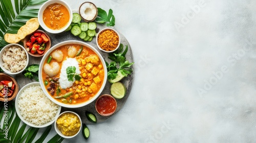 Sri Lankan breakfast plate with string hoppers, coconut curry, and fresh vegetables. Top view with space for text.