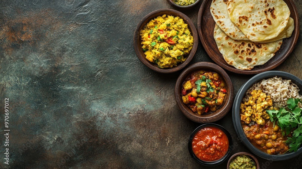 Sri Lankan breakfast spread: kottu roti, sambol, and curry. Top view with copy space for text. Sri Lankan breakfast spread: kottu roti, sambol, and curry. Top view with copy space for text.