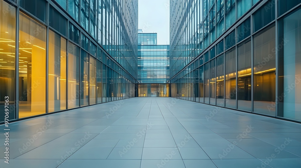 Fototapeta premium Modern Glass Facade of a City Building with a Tile Floor