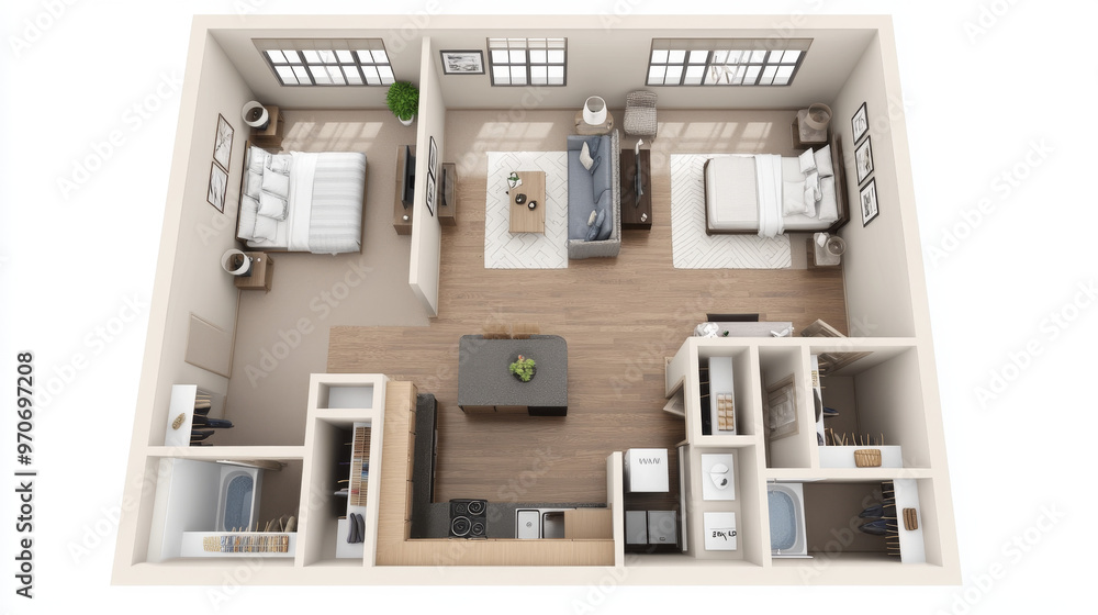 A 3D drawing showing the layout of an apartment with one bedroom, a kitchen, a living room, and a bathroom. A 3D drawing showing the layout of an apartment with one bedroom, a kitchen, a living room, and a bathroom.