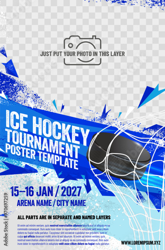 Ice hockey tournament poster template with hockey puck in goal net