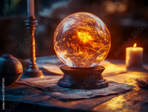 Glowing clairvoyant ball and candle on old wooden table photo