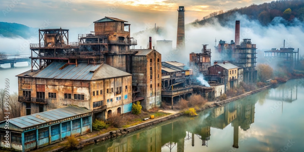 abandoned industrial site in ohio river valley, crumbled buildings, misty fog, concept of forgotten america, rusty relics, cold blue tones abandoned industrial site in ohio river valley, crumbled buildings, misty fog, concept of forgotten america, rusty relics, cold blue tones