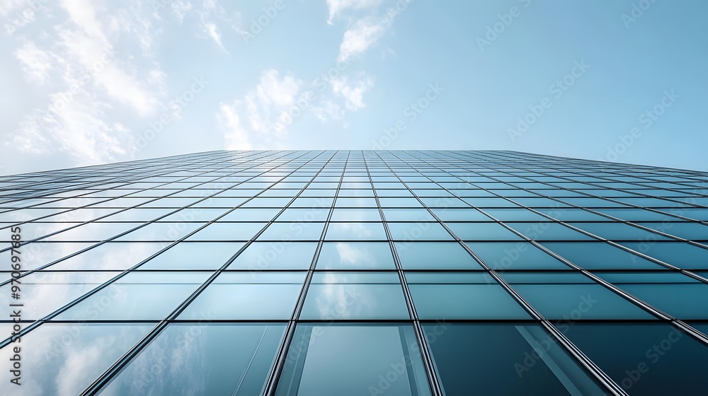 Glass Facade of a Modern Skyscraper Against a Blue Sky Glass Facade of a Modern Skyscraper Against a Blue Sky