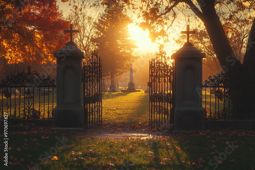 Tranquil Sunrise at Cemetery Gates on All Saints' Day Morning   photo