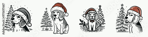 Adorable dog illustrations wearing Christmas hats, surrounded by festive trees, perfect for holiday-themed designs.