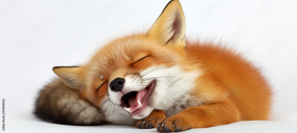 Obraz premium A cute red fox pup sleeping peacefully on a soft surface during a bright afternoon