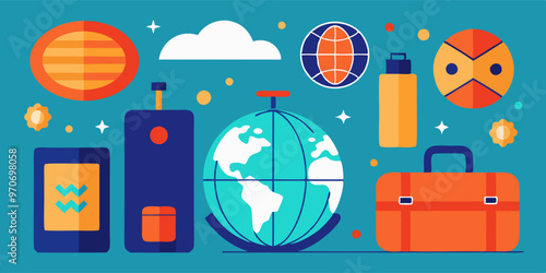 Travel essentials and globe icons with modern flat design for tourism themes